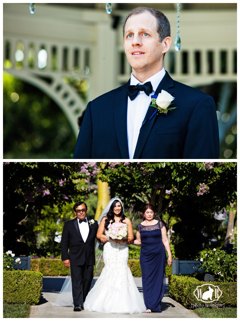 Rose Court Garden Wedding, Groom seeing bride walk down aisle, groom expression seeing bride, disneyland wedding