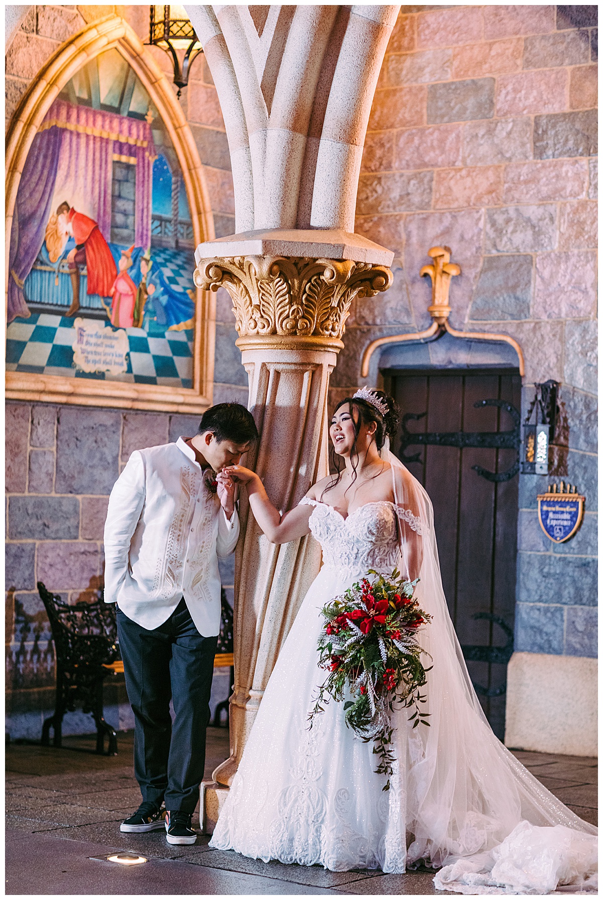 A wedding portrait session at Disneyland arranged through Disney Weddings