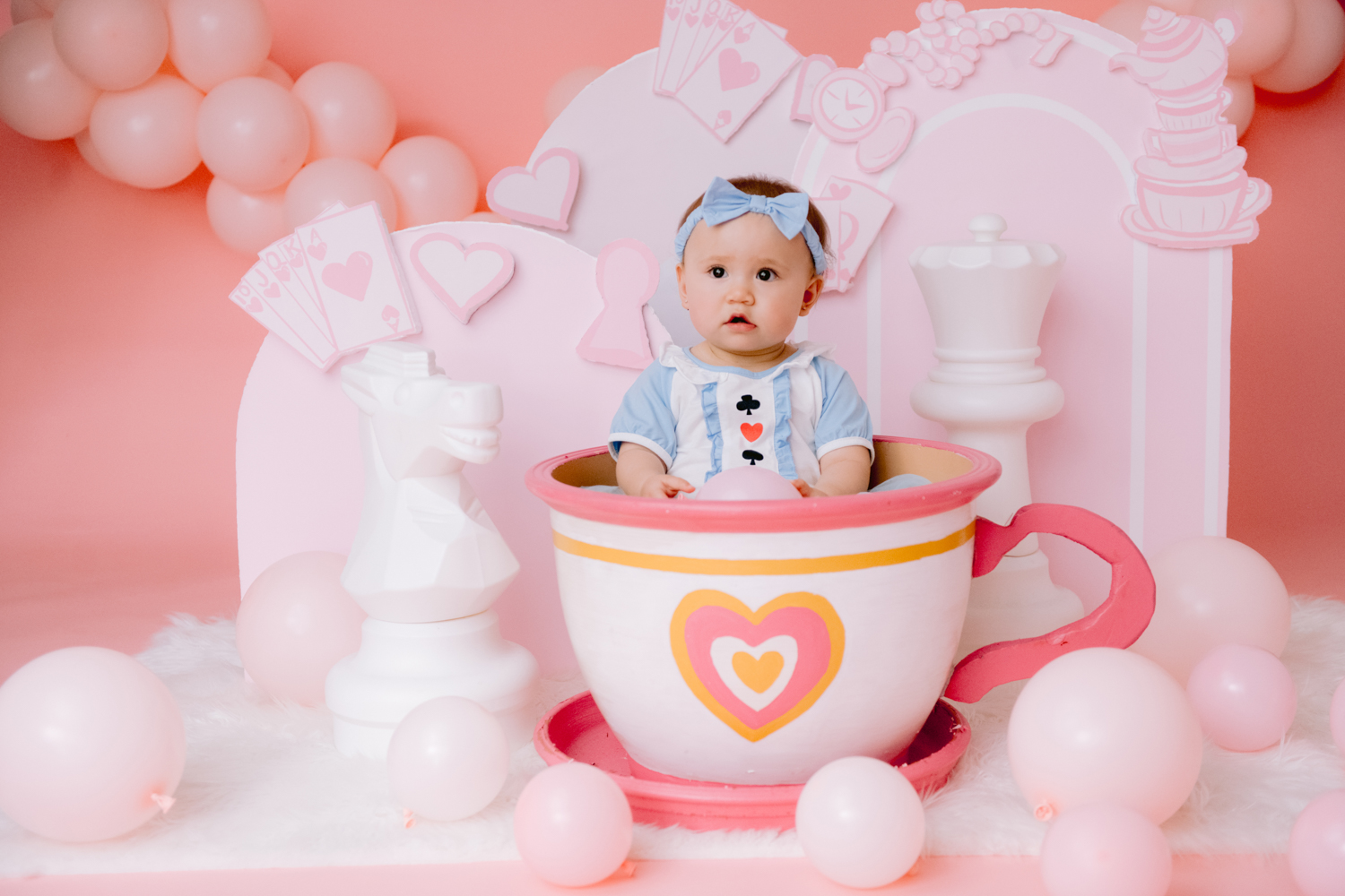 Custom Alice in Wonderland cake smash photographed by Orange County baby photographer