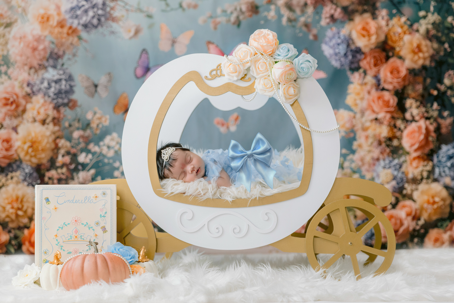 Cinderella-inspired newborn session at a Santa Ana photography studio