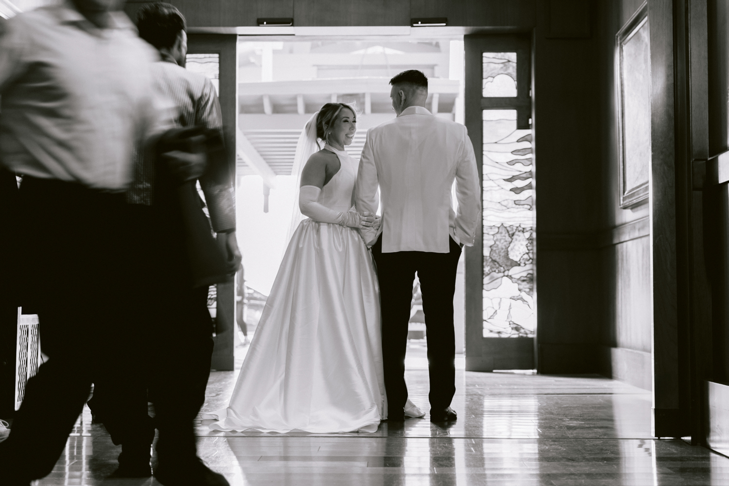 First look on the Grand Californian Hotel staircase before a Disney wedding