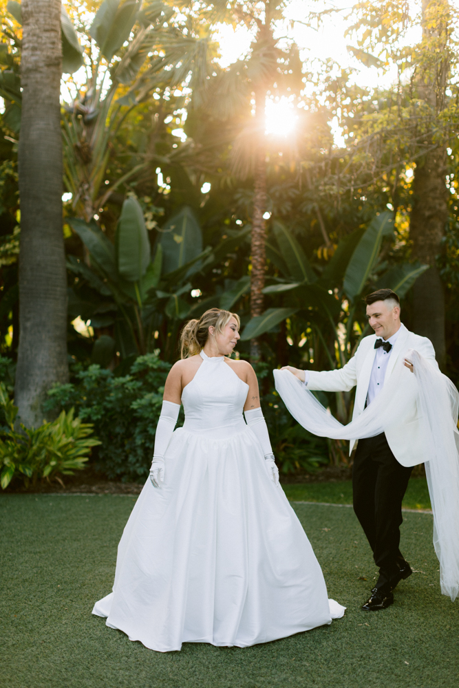 Stylish wedding portraits on the Adventure Lawn at the Disneyland Hotel