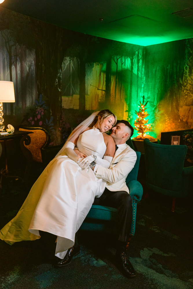 Stylish wedding portraits on the Adventure Lawn at the Disneyland Hotel