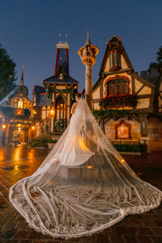 Couple posing during a Christmas castle session at Disneyland
