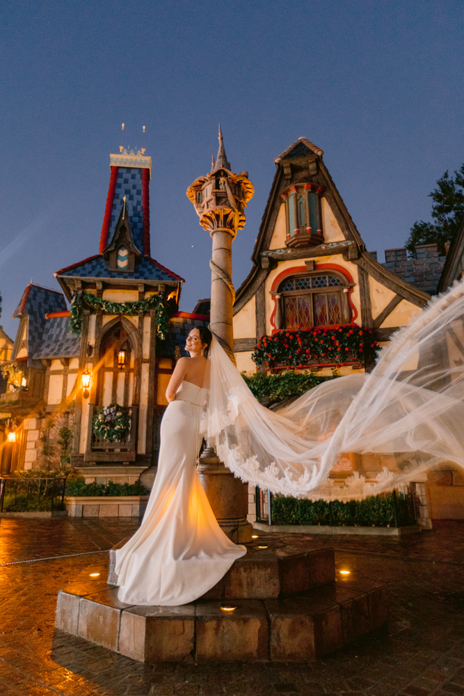 Couple posing during a Christmas castle session at Disneyland