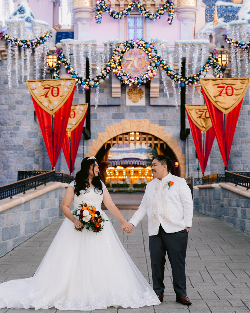 Disney Wedding castle portrait session at Disneyland with Christmas lights on Sleeping Beauty Castle